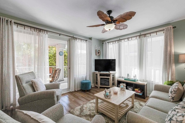 living room with ceiling fan and light hardwood / wood-style flooring