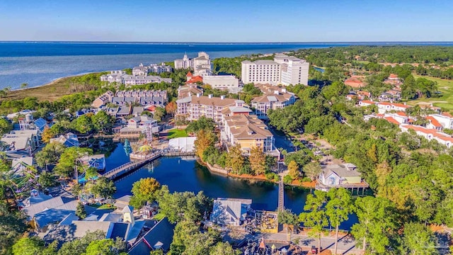 bird's eye view with a water view