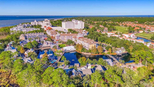 drone / aerial view with a water view