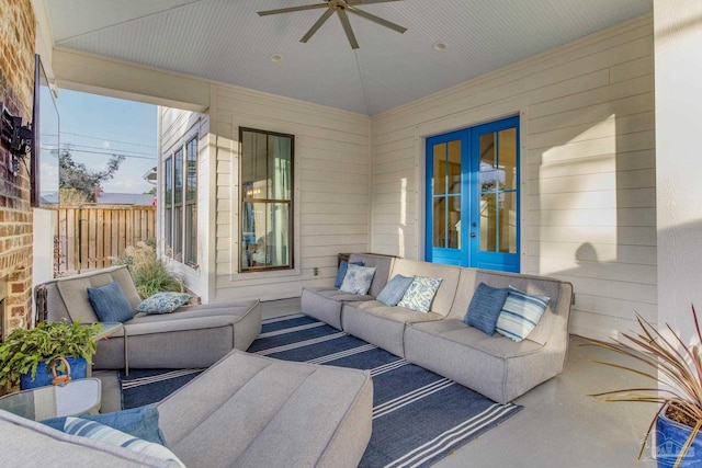 view of patio with ceiling fan and french doors