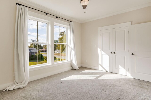 unfurnished bedroom featuring ceiling fan, a closet, light colored carpet, and ornamental molding