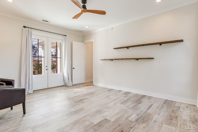 interior space with ceiling fan, french doors, light hardwood / wood-style floors, and ornamental molding