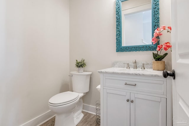 bathroom with vanity, toilet, and wood-type flooring