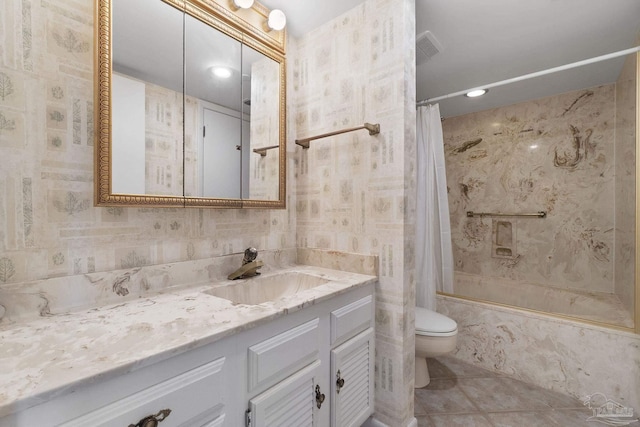 full bathroom featuring vanity, shower / bathtub combination with curtain, tile patterned flooring, and toilet