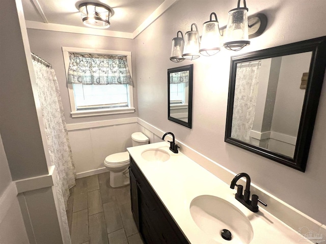 bathroom featuring a sink, toilet, wood finished floors, and wainscoting