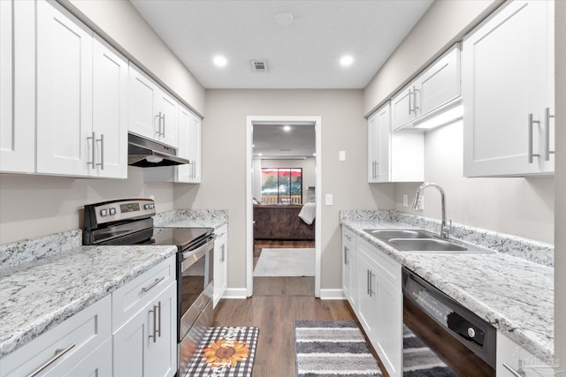 kitchen with dark wood-type flooring, sink, dishwasher, white cabinets, and stainless steel electric range