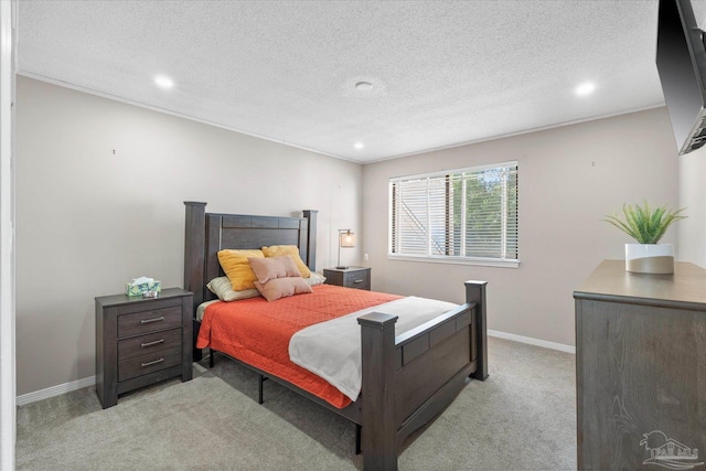 carpeted bedroom with a textured ceiling