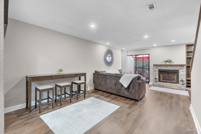 living room featuring a fireplace and wood-type flooring