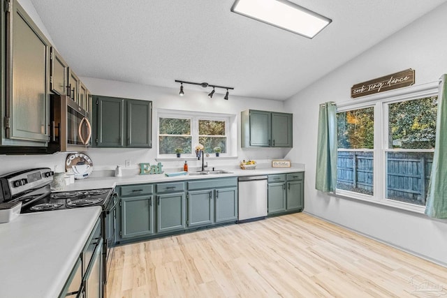 kitchen with plenty of natural light, lofted ceiling, sink, and appliances with stainless steel finishes