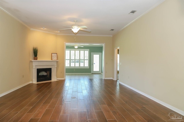 1200 Willowood Ln, Gulf Breeze, FL 32563 - unfurnished living room featuring visible vents, baseboards, a ceiling fan, dark wood finished floors, and a fireplace with flush hearth