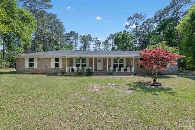 8800 Angyla Way, Pensacola, FL 32526 - ranch-style home featuring a front yard, ceiling fan, covered porch, and brick siding