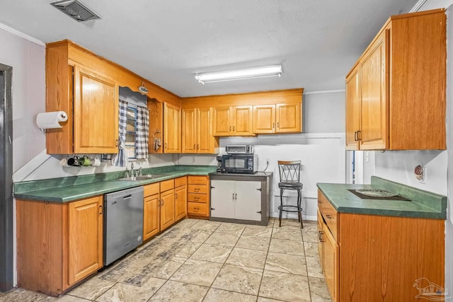 kitchen with stainless steel dishwasher, crown molding, and sink