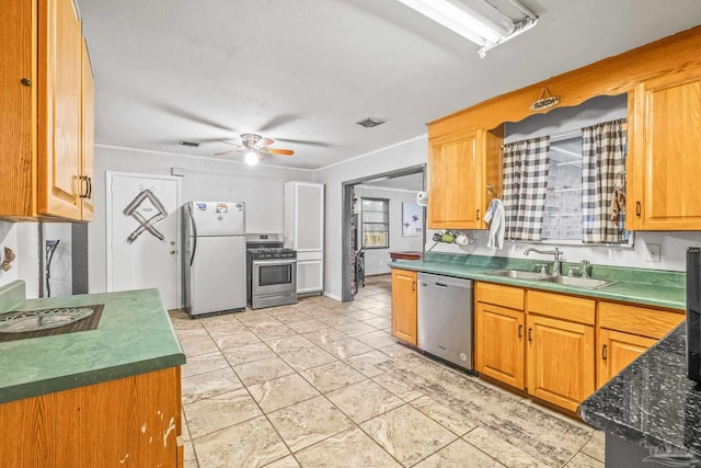 kitchen featuring ceiling fan, sink, and stainless steel appliances