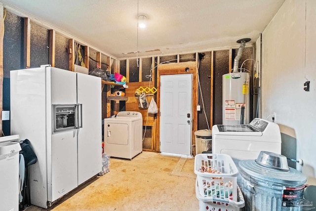 kitchen featuring white fridge with ice dispenser, washer and dryer, and gas water heater