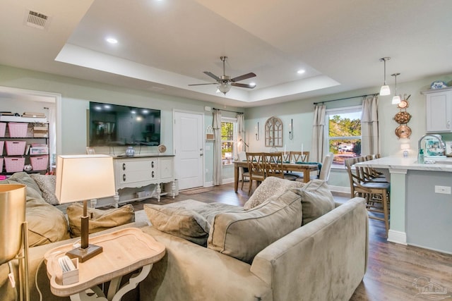 living room featuring hardwood / wood-style floors, a raised ceiling, ceiling fan, and a healthy amount of sunlight