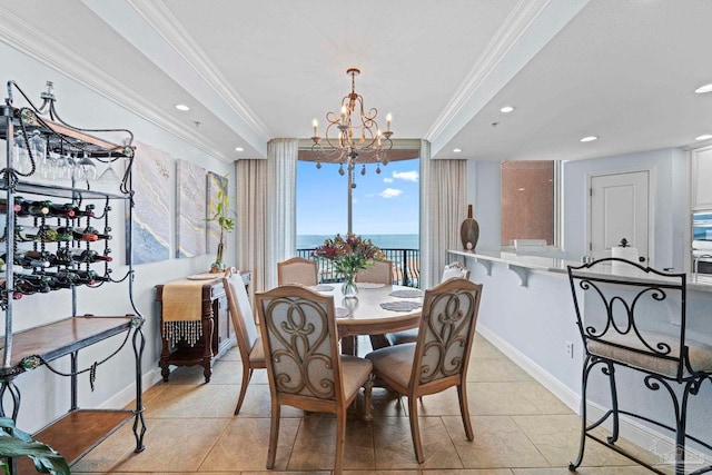 721 Pensacola Beach Blvd Unit 702, Pensacola Beach, FL 32561 - dining area featuring a chandelier, ornamental molding, recessed lighting, and light tile patterned floors