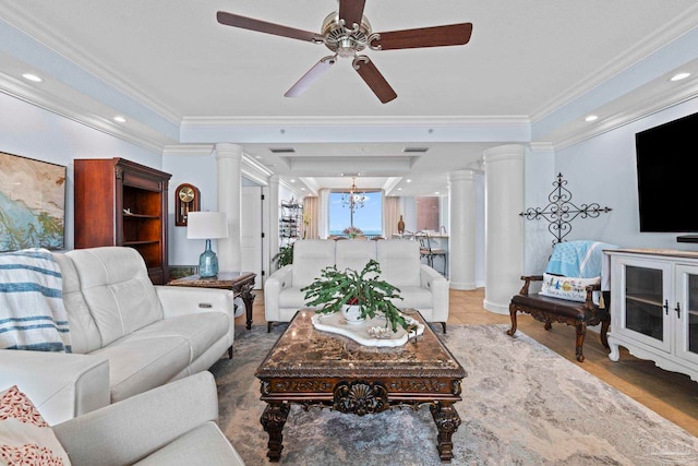 721 Pensacola Beach Blvd Unit 702, Pensacola Beach, FL 32561 - living area with ornate columns, ornamental molding, a tray ceiling, a ceiling fan, and recessed lighting