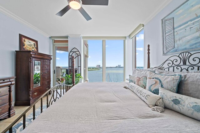 721 Pensacola Beach Blvd Unit 702, Pensacola Beach, FL 32561 - bedroom featuring a water view, access to exterior, crown molding, and a ceiling fan