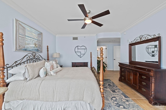 721 Pensacola Beach Blvd Unit 702, Pensacola Beach, FL 32561 - bedroom featuring crown molding, a ceiling fan, and light tile patterned flooring