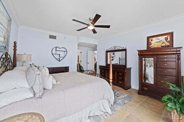 721 Pensacola Beach Blvd Unit 702, Pensacola Beach, FL 32561 - bedroom featuring ornamental molding, light tile patterned floors, and a ceiling fan