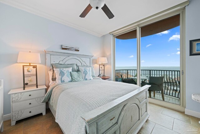 721 Pensacola Beach Blvd Unit 702, Pensacola Beach, FL 32561 - bedroom featuring access to outside, a water view, tile patterned flooring, crown molding, and a ceiling fan