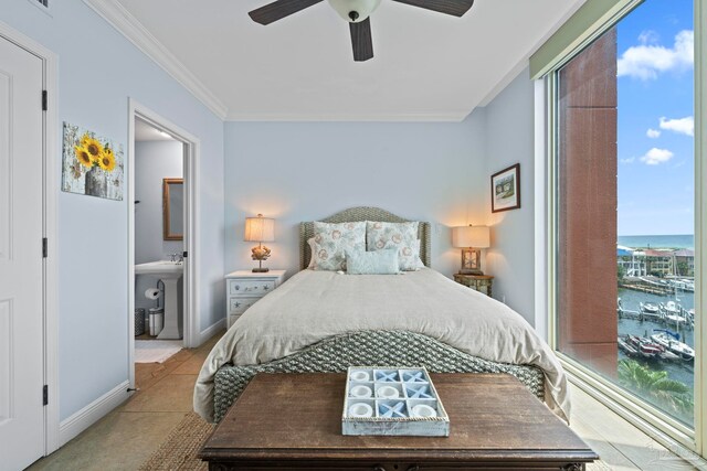 721 Pensacola Beach Blvd Unit 702, Pensacola Beach, FL 32561 - bedroom featuring crown molding, a water view, and ceiling fan