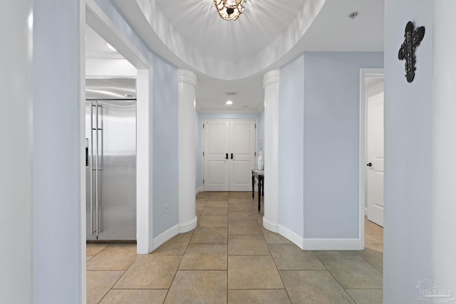 721 Pensacola Beach Blvd Unit 702, Pensacola Beach, FL 32561 - hallway featuring elevator, light tile patterned floors, recessed lighting, and decorative columns