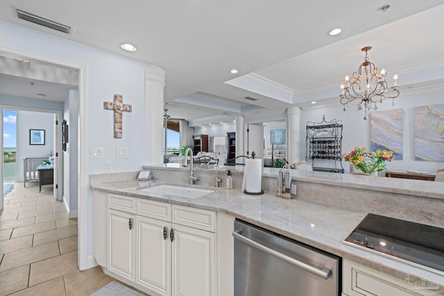 721 Pensacola Beach Blvd Unit 702, Pensacola Beach, FL 32561 - kitchen featuring dishwasher, ornamental molding, white cabinets, light stone counters, and recessed lighting