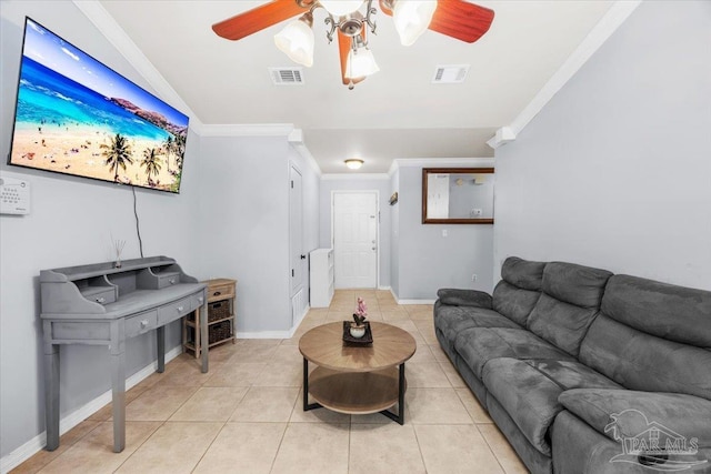 living room with ornamental molding, a ceiling fan, visible vents, and lofted ceiling