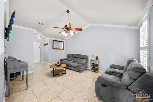 living area featuring crown molding, light tile patterned flooring, visible vents, and ceiling fan
