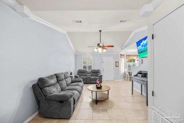 living area with ornamental molding, a ceiling fan, visible vents, and lofted ceiling