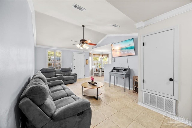living room with visible vents, lofted ceiling, and crown molding