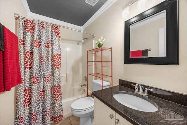 full bath with vanity, crown molding, toilet, shower / tub combo, and visible vents