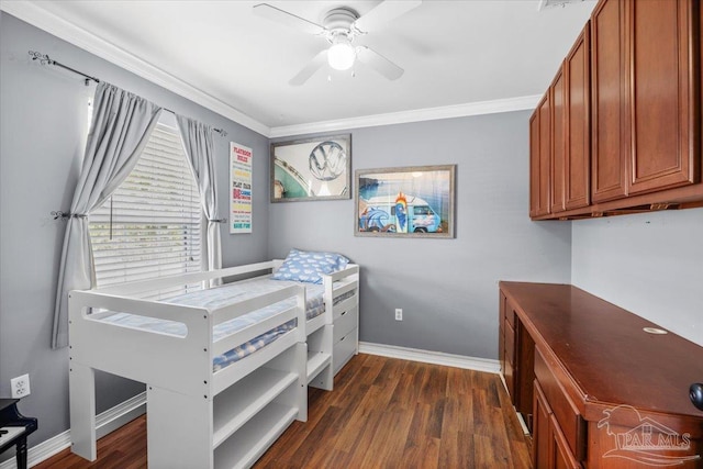 bedroom with dark wood-style flooring, ceiling fan, ornamental molding, and baseboards