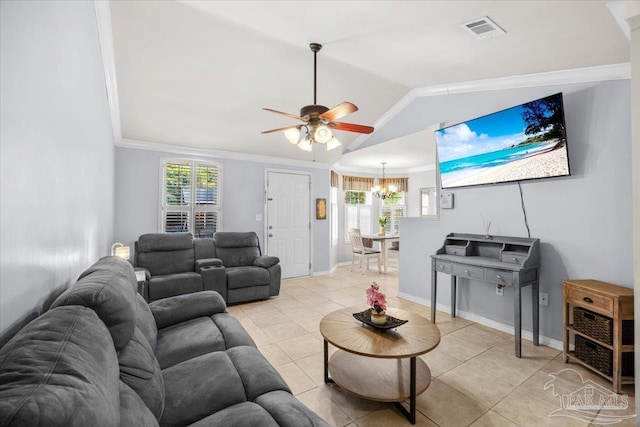 living room featuring light tile patterned flooring, crown molding, visible vents, vaulted ceiling, and ceiling fan with notable chandelier