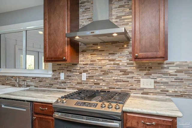 4900 Shell Rd, Milton, FL 32583 - kitchen with a sink, stainless steel appliances, wall chimney exhaust hood, brown cabinetry, and decorative backsplash