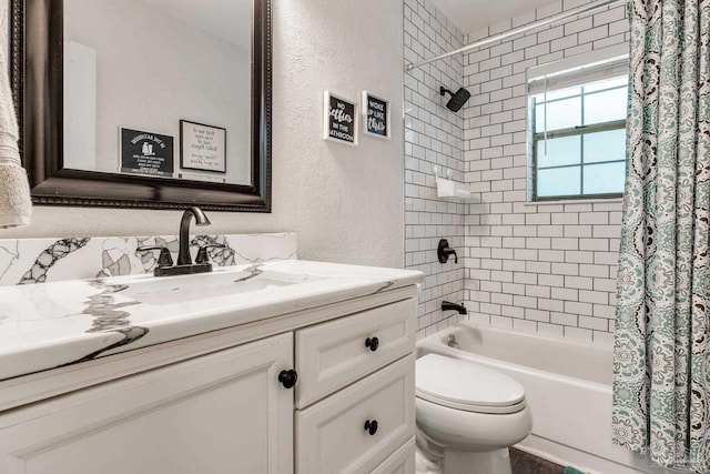 5945 Pamela Dr, Milton, FL 32570 - bathroom with shower / bathtub combination with curtain, vanity, toilet, and a textured wall