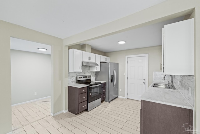 kitchen featuring decorative backsplash, appliances with stainless steel finishes, dark brown cabinetry, sink, and white cabinetry