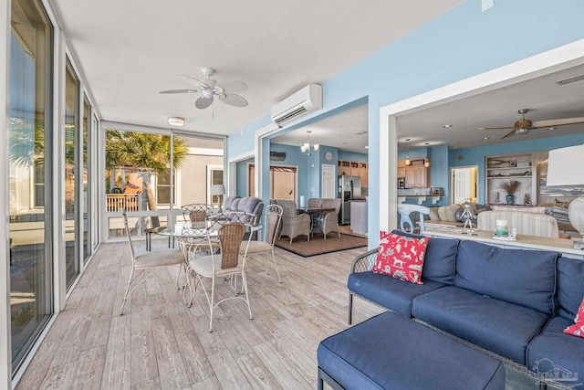 sunroom / solarium with an AC wall unit and ceiling fan