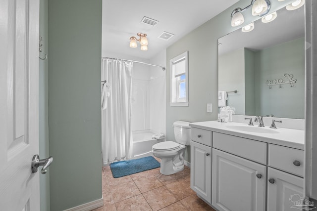 full bathroom featuring tile patterned flooring, vanity, shower / bath combination with curtain, and toilet