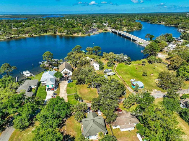 drone / aerial view featuring a water view