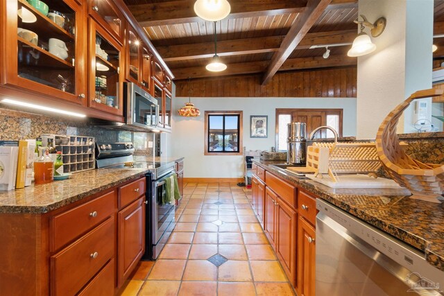 kitchen featuring decorative light fixtures, backsplash, dark stone countertops, stainless steel appliances, and wooden ceiling