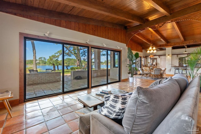 living room featuring wood ceiling, beamed ceiling, an inviting chandelier, a water view, and high vaulted ceiling