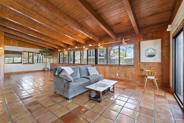 tiled living room with wooden ceiling, wood walls, and lofted ceiling with beams