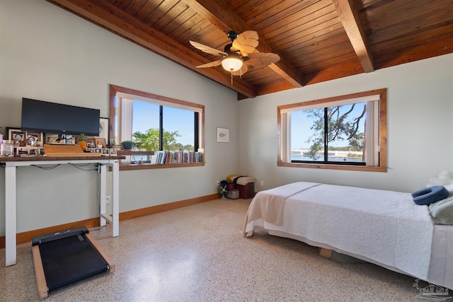 bedroom featuring ceiling fan, wooden ceiling, and lofted ceiling with beams