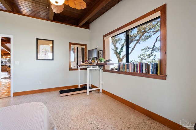 bedroom featuring wooden ceiling, beamed ceiling, and ceiling fan