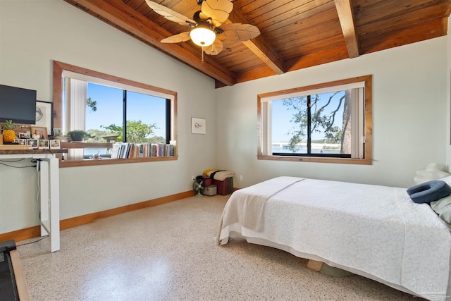 bedroom featuring ceiling fan, vaulted ceiling with beams, and wood ceiling