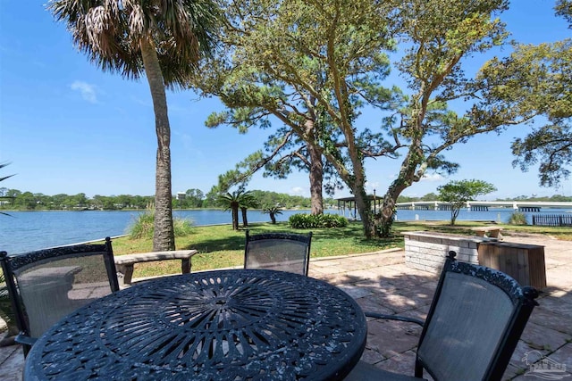 view of patio featuring a water view