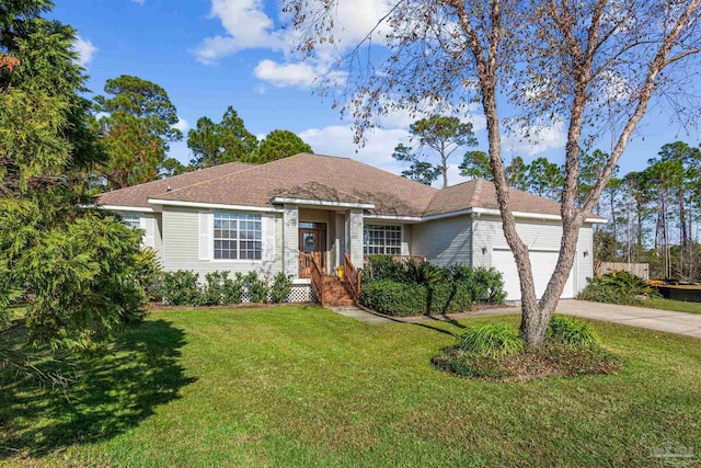 single story home featuring a garage and a front lawn