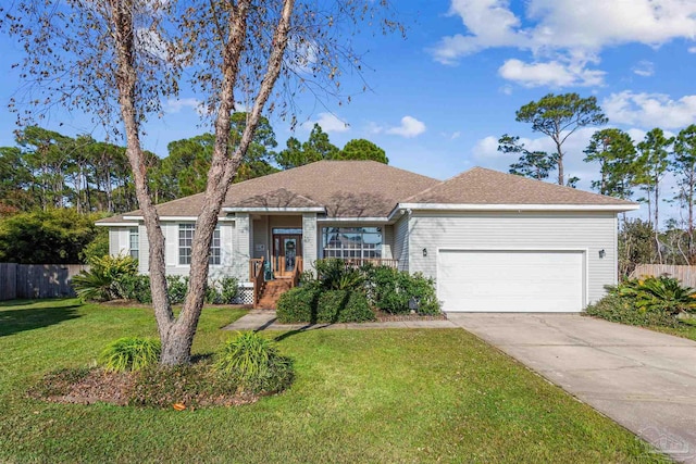 ranch-style home featuring a garage and a front lawn